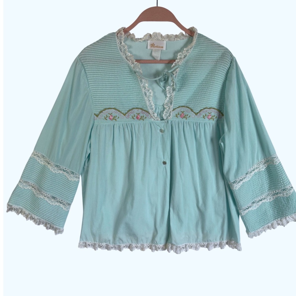 Vintage Barbizon Aqua Blue Lace Trim Floral Embroidered Pajama Top Coquette Sz L